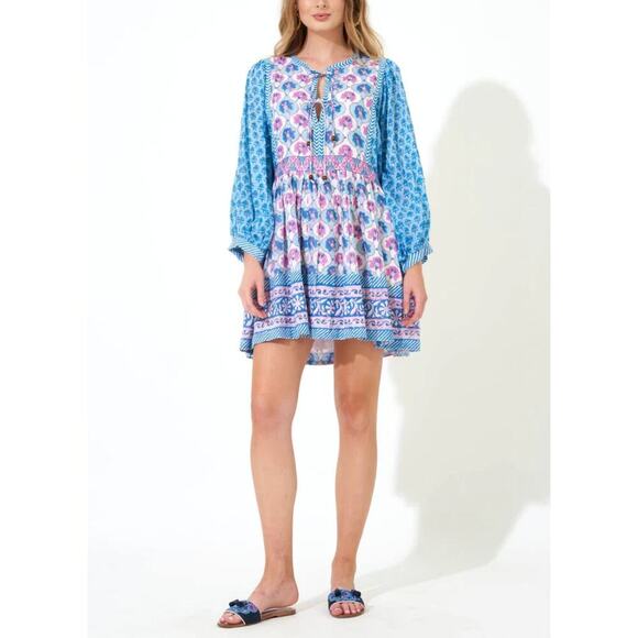 OLIPHANT Tie Front Balloon Sleeve Short Blue Cotton Block Print Dress Tuckernuck - Picture 1 of 16